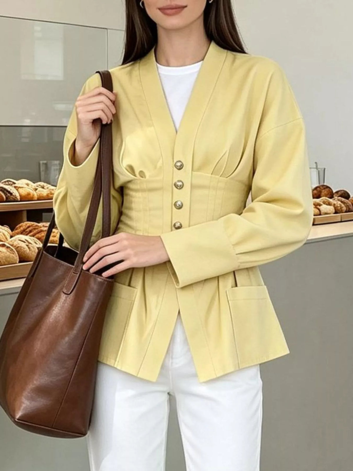 Pleated Waist Blouse with Button Detail, view 9