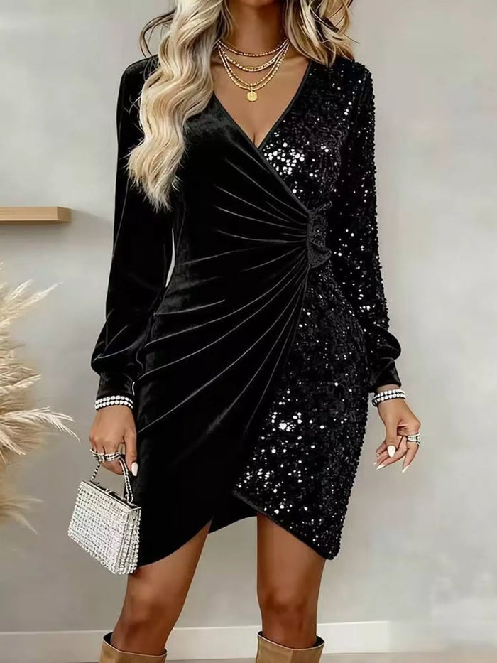 Velvet Sequin Long Sleeve Wrap Dress - Lilixa.store