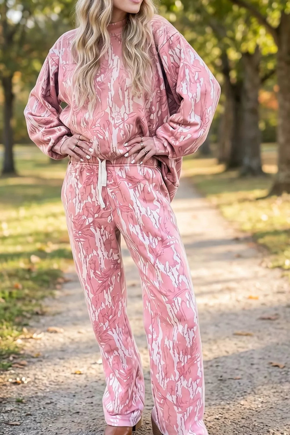 Multicolour Abstract Botanical Print Top and Drawstring Pants Set - Lilixa.store