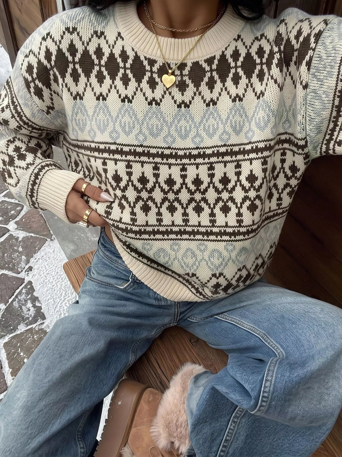 Fair Isle Pattern Crew Neck Sweater