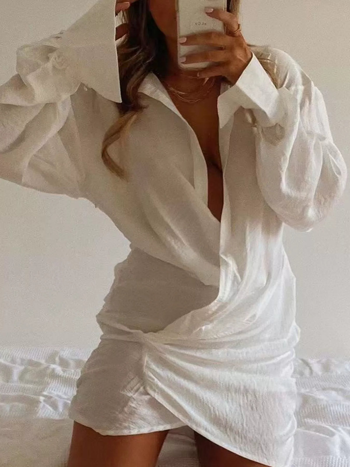 Deep V-Neck Ruched Asymmetrical Mini Dress in White, view 2