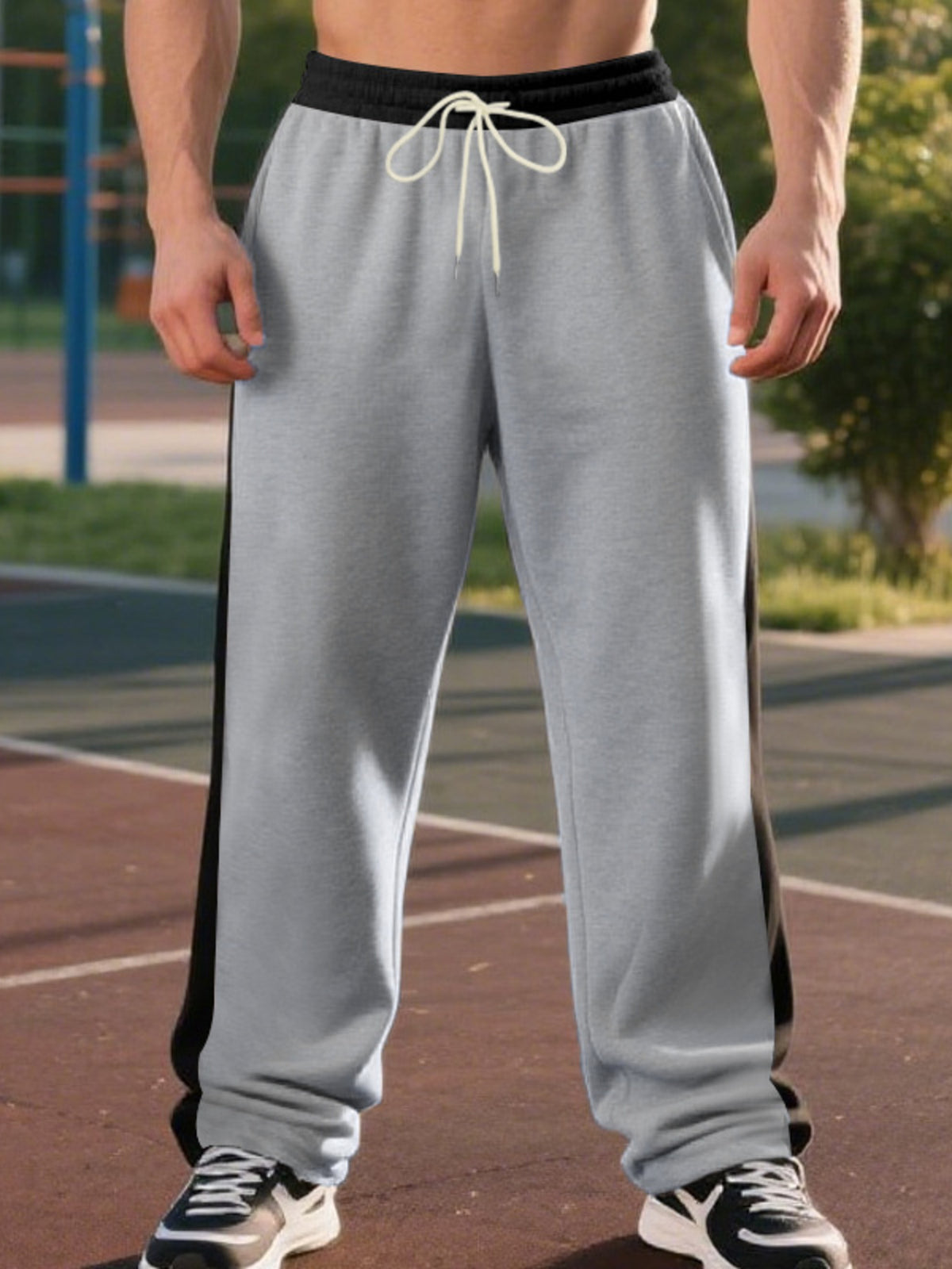 Men's Full Size Side Stripe Wide Leg Pants Plus Size in Light Gray