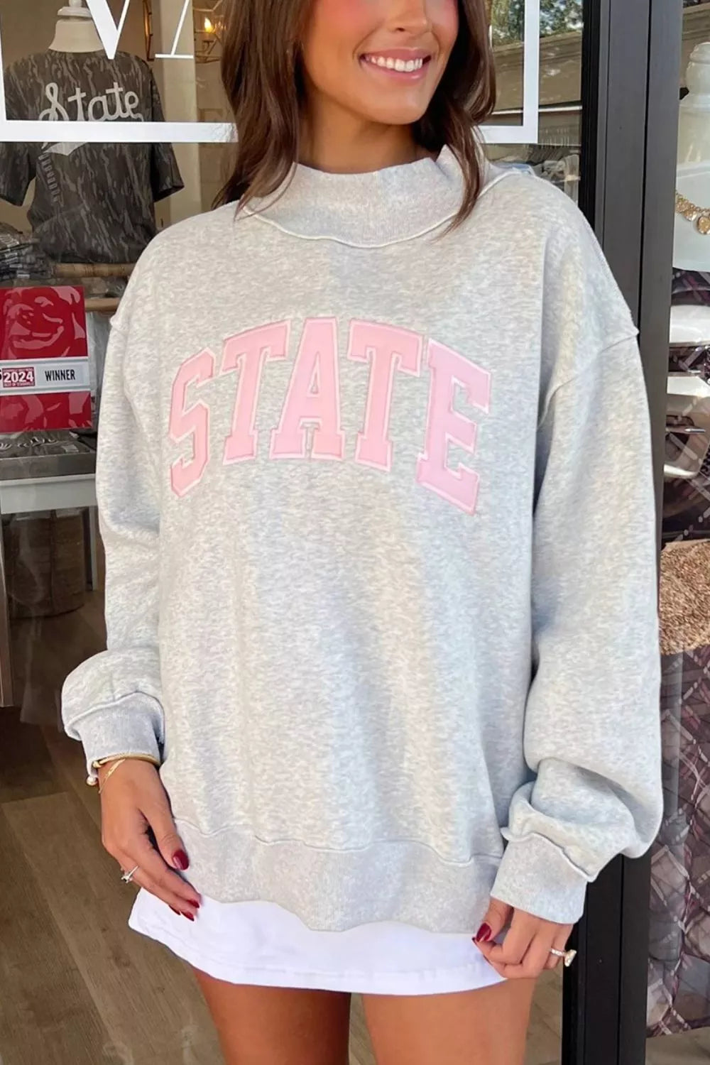Exposed Seam Mock Neck STATE Letter Graphic Loose Sweatshirt