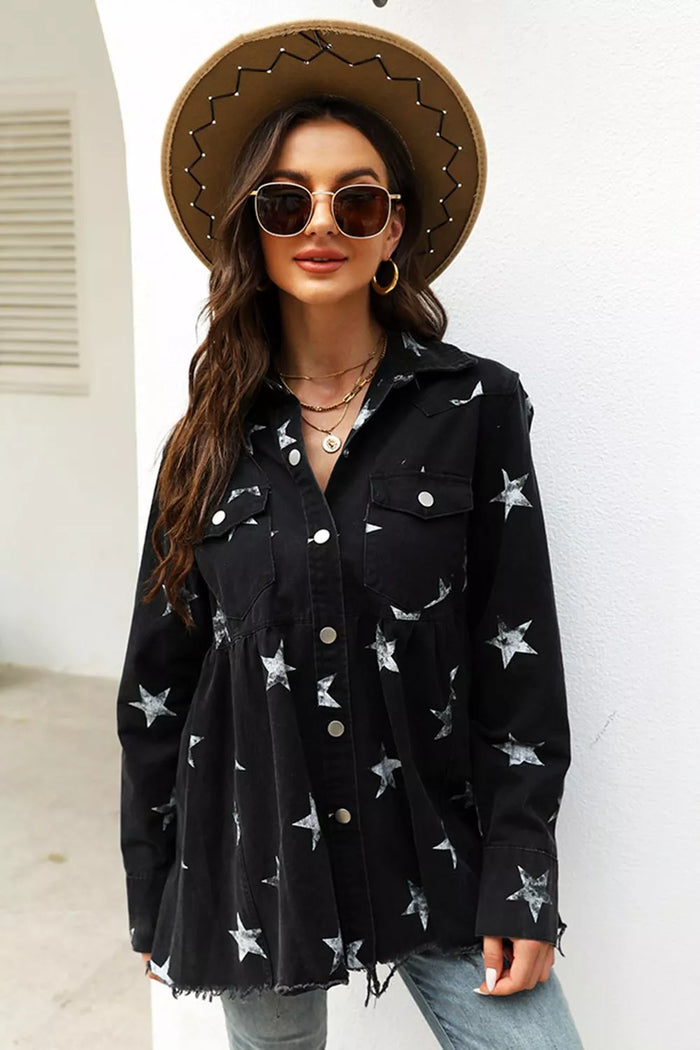 Collared Neck Star Print Long Sleeve Denim Jacket - Lilixa.store