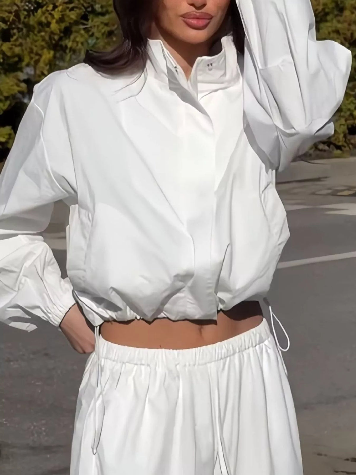 Drawstring Hem Crop Jacket and Wide-Leg Pant Set, view 15