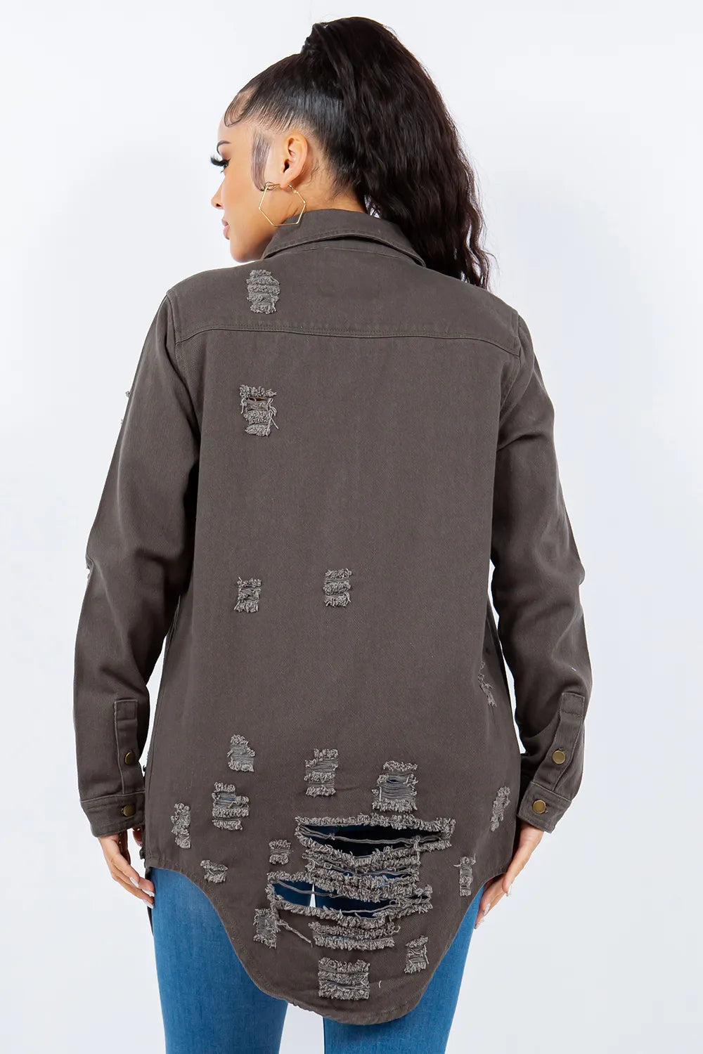 American Bazi Distressed Button Up Long Sleeve Denim Jacket - Lilixa.store