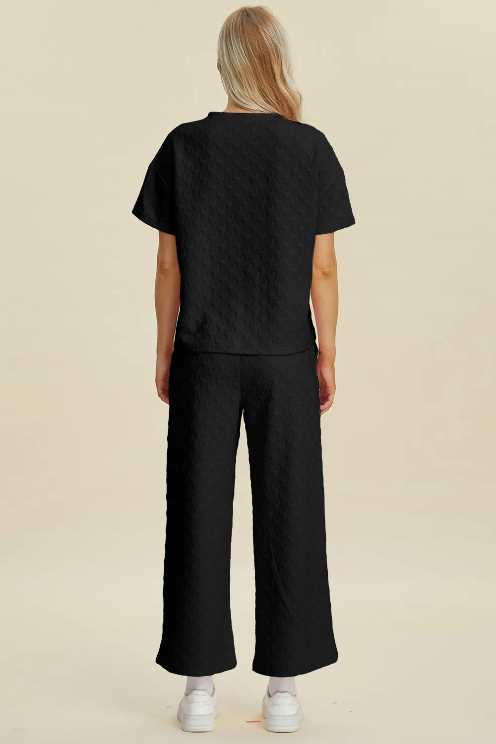 Double Take Full Size Texture Round Neck Short Sleeve Top and Pants Set, view 13
