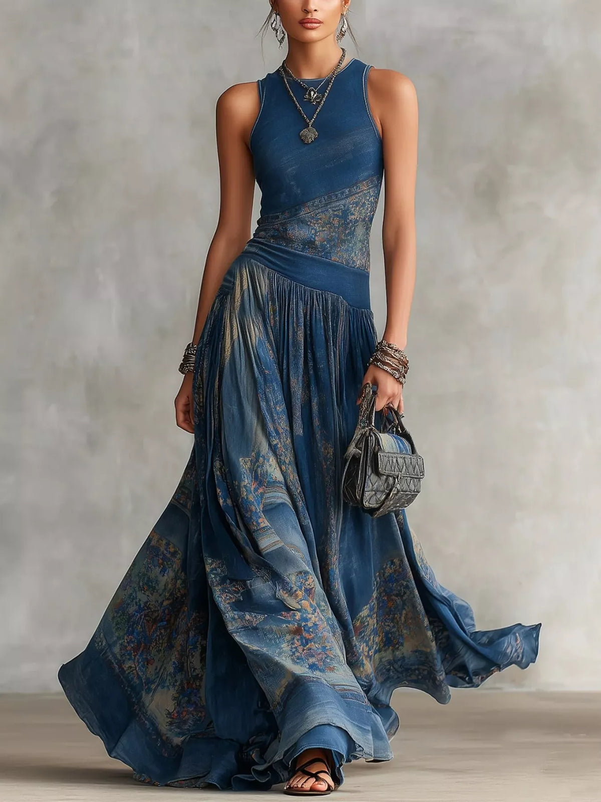 Printed Round Neck Sleeveless Maxi Dress - Lilixa.store