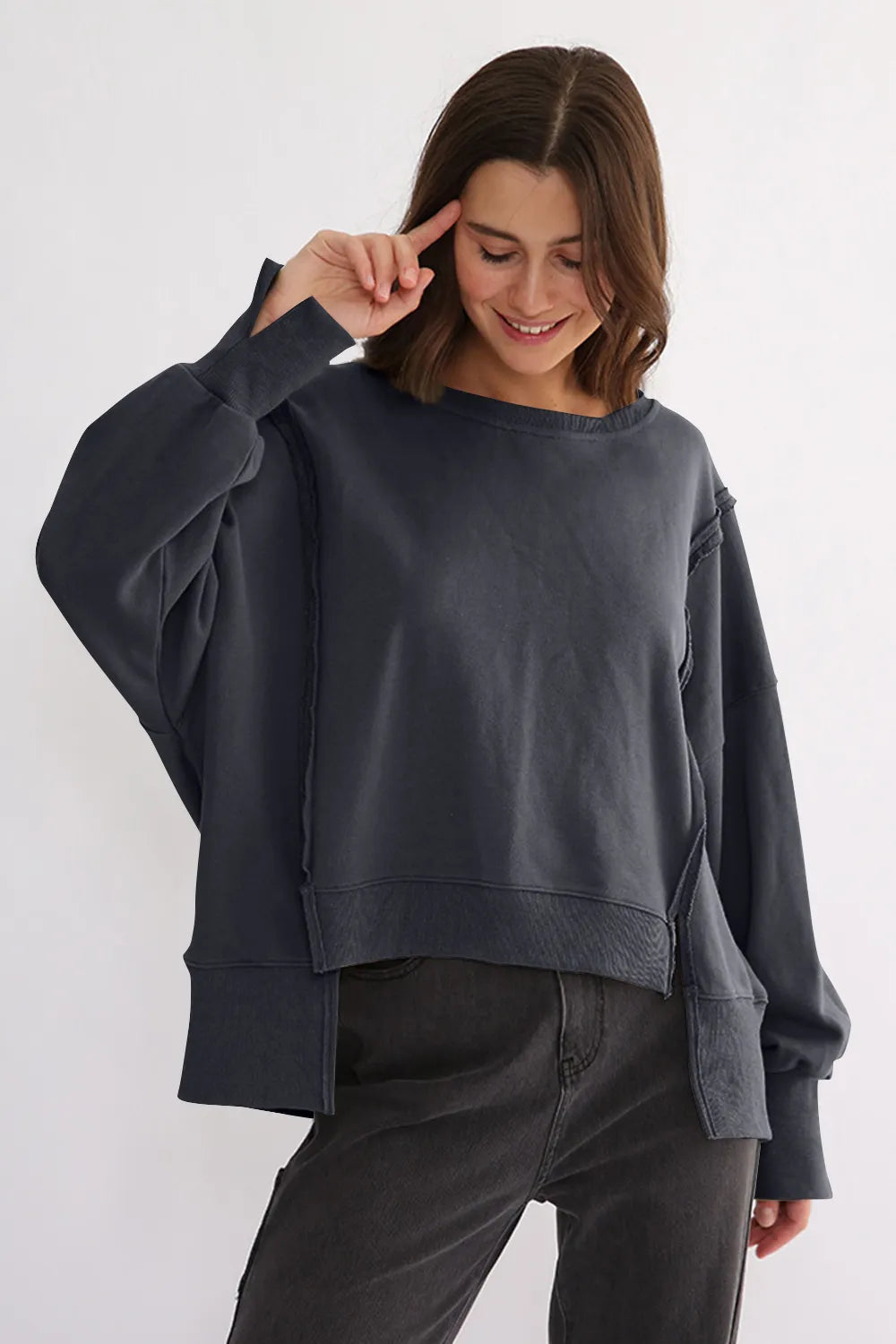 Exposed Seam High-Low Long Sleeve Sweatshirt - Lilixa.store