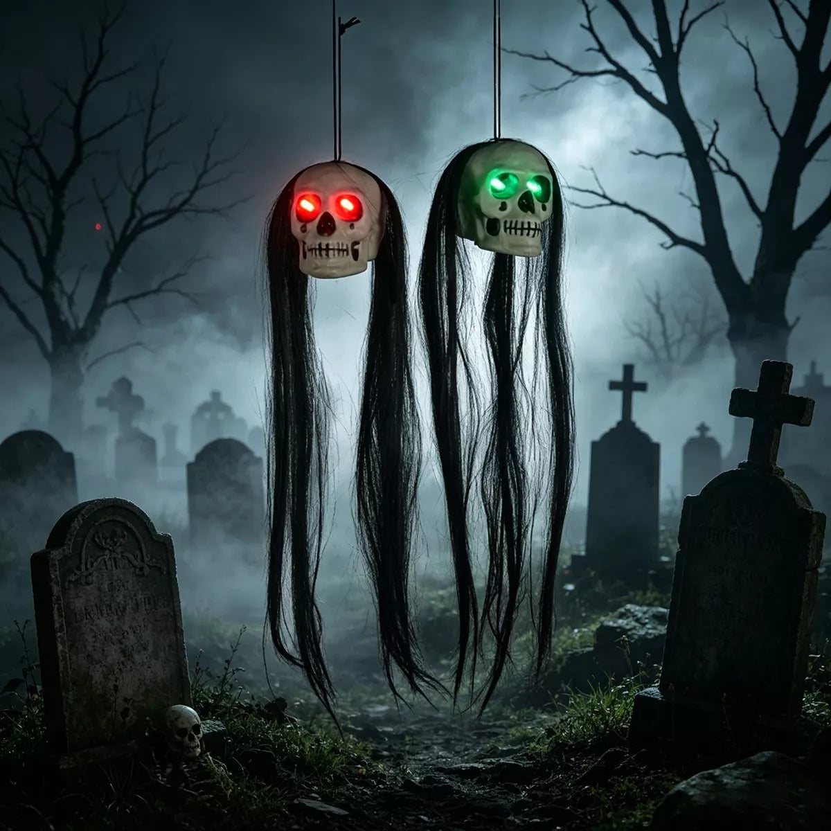 Halloween Hanging Dual-Skull with Glowing Eyes and Long Hair - Lilixa.store