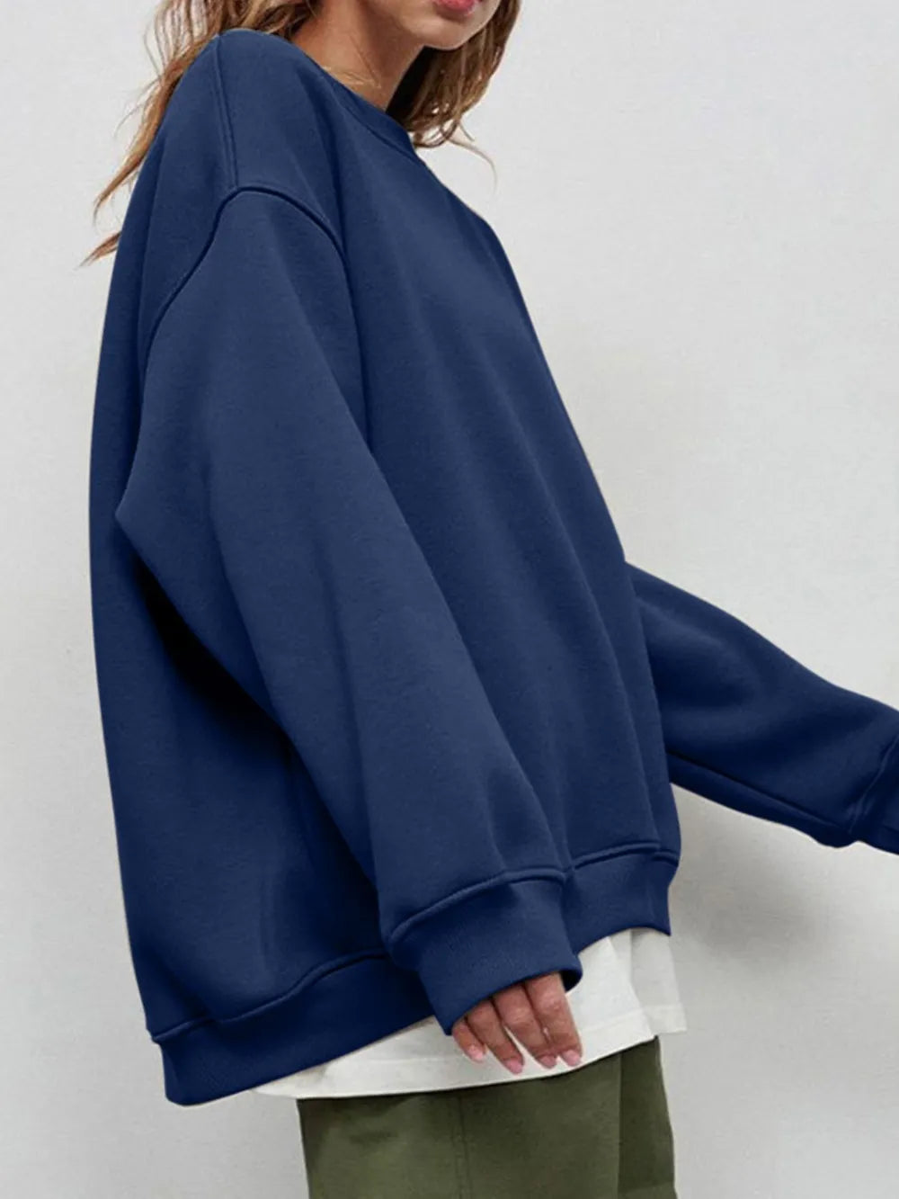 Round Neck Dropped Shoulder Long Sleeve Sweatshirt - Lilixa.store