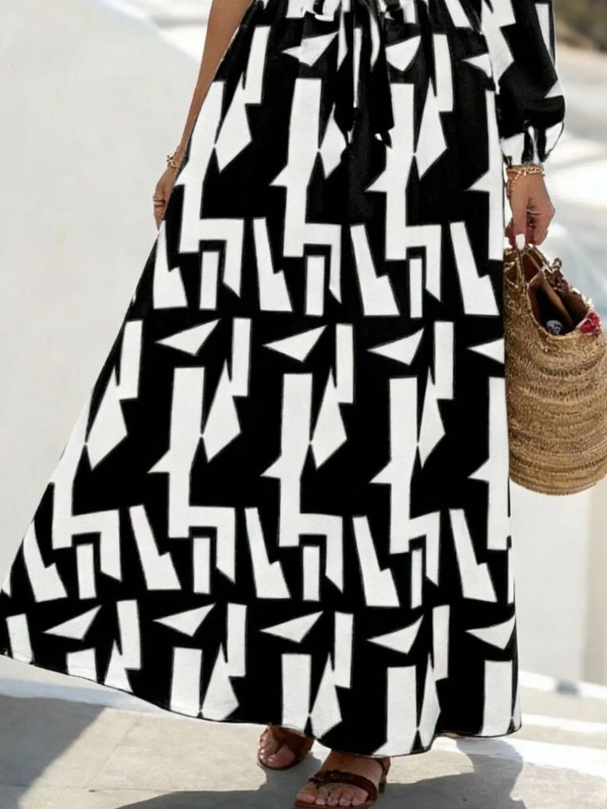 One-Shoulder Geometric Print Maxi Dress with Waist Tie - Lilixa.store