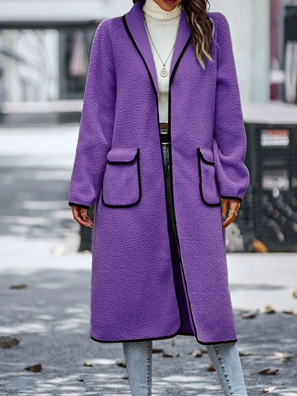 Full Size Contrast Trim Long Sleeve Coat with Pockets, view 6