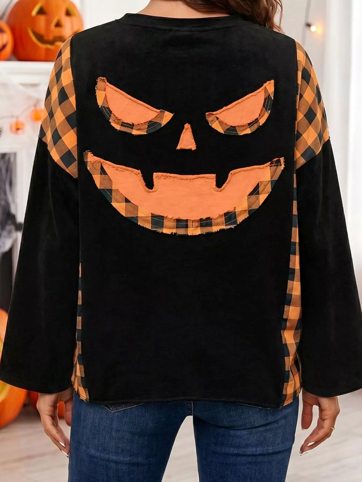 Patchwork Plaid Pumpkin Face Long Sleeve Top - Lilixa.store