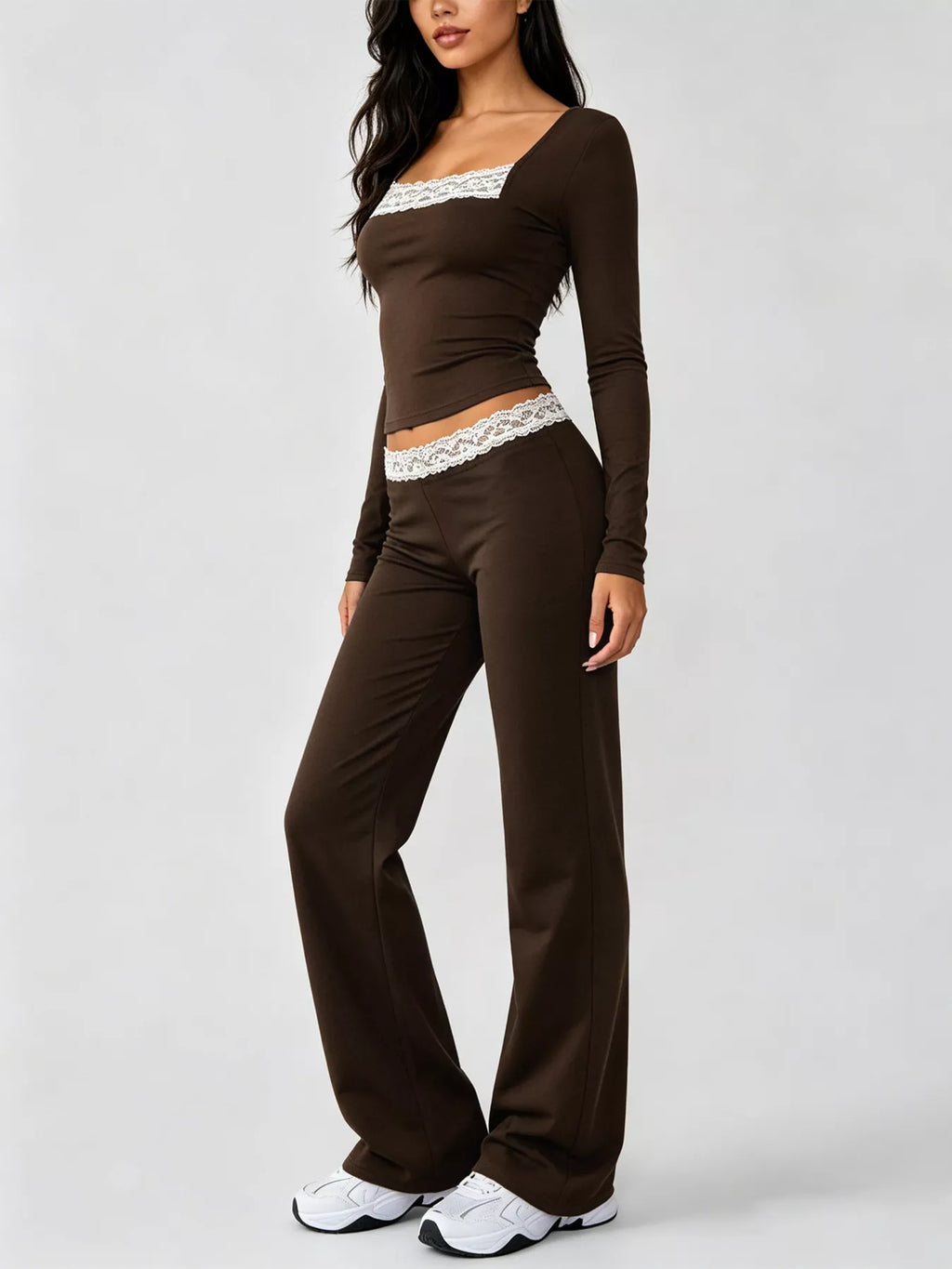 Long Sleeve Lace Trim Crop Top and Wide Leg Pants Set - Lilixa.store