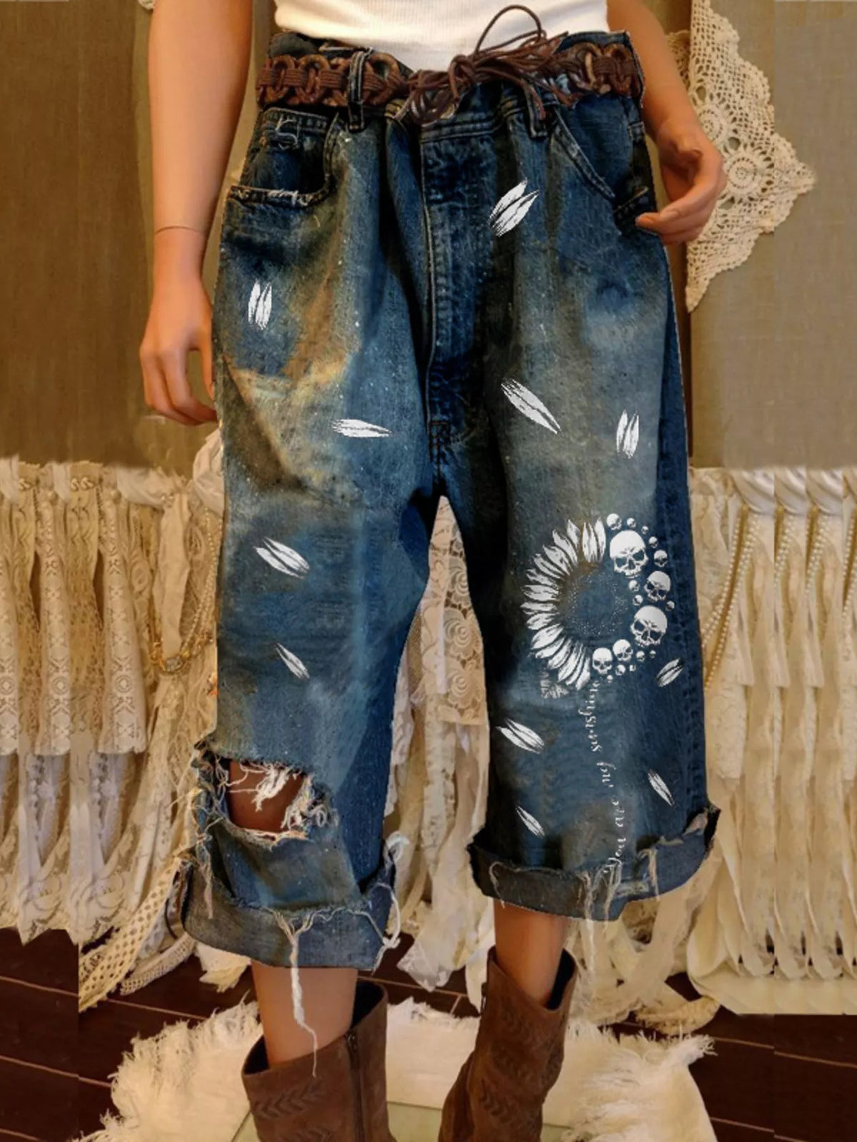 Full Size Distressed Skull Print Jeans Plus Size - Lilixa.store