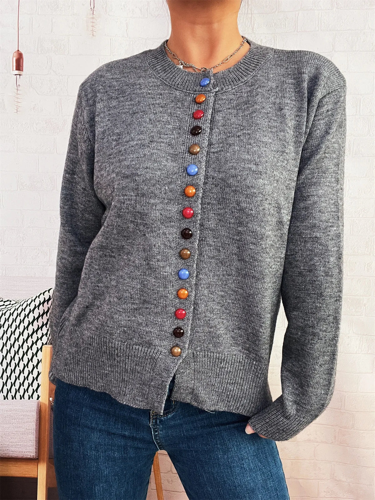 Button-Front Cardigan with Colorful Detail Buttons - Lilixa.store