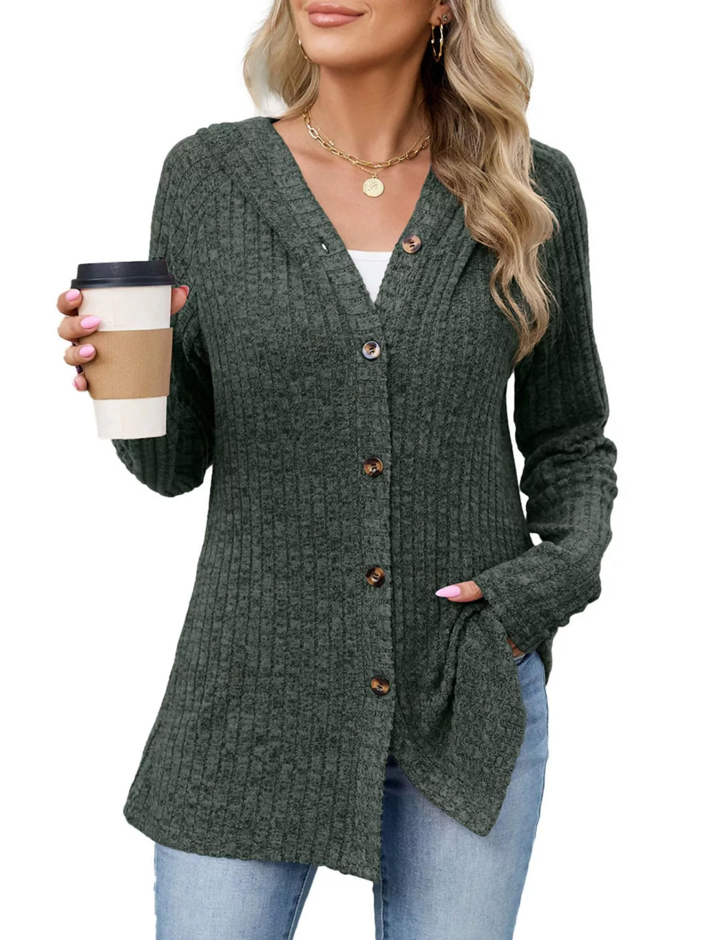 Ribbed Knit Hooded Button-Down Cardigan - Lilixa.store