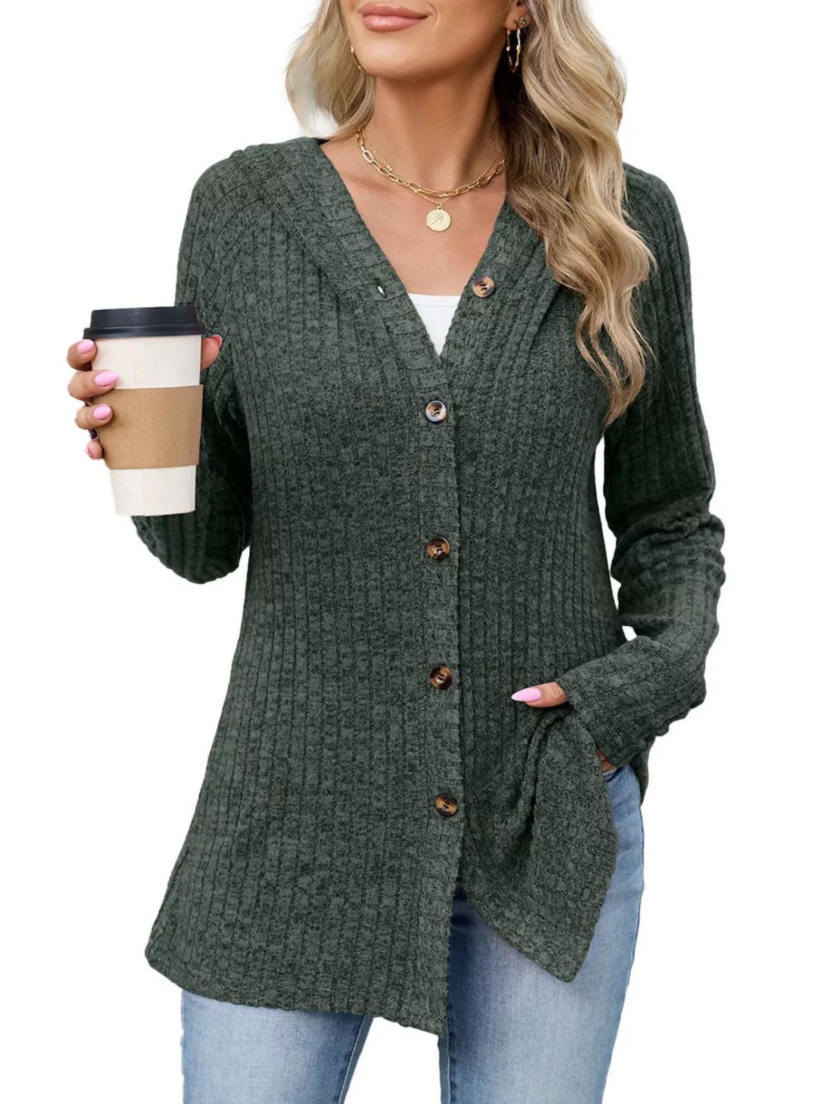 Ribbed Knit Hooded Button-Down Cardigan - Lilixa.store