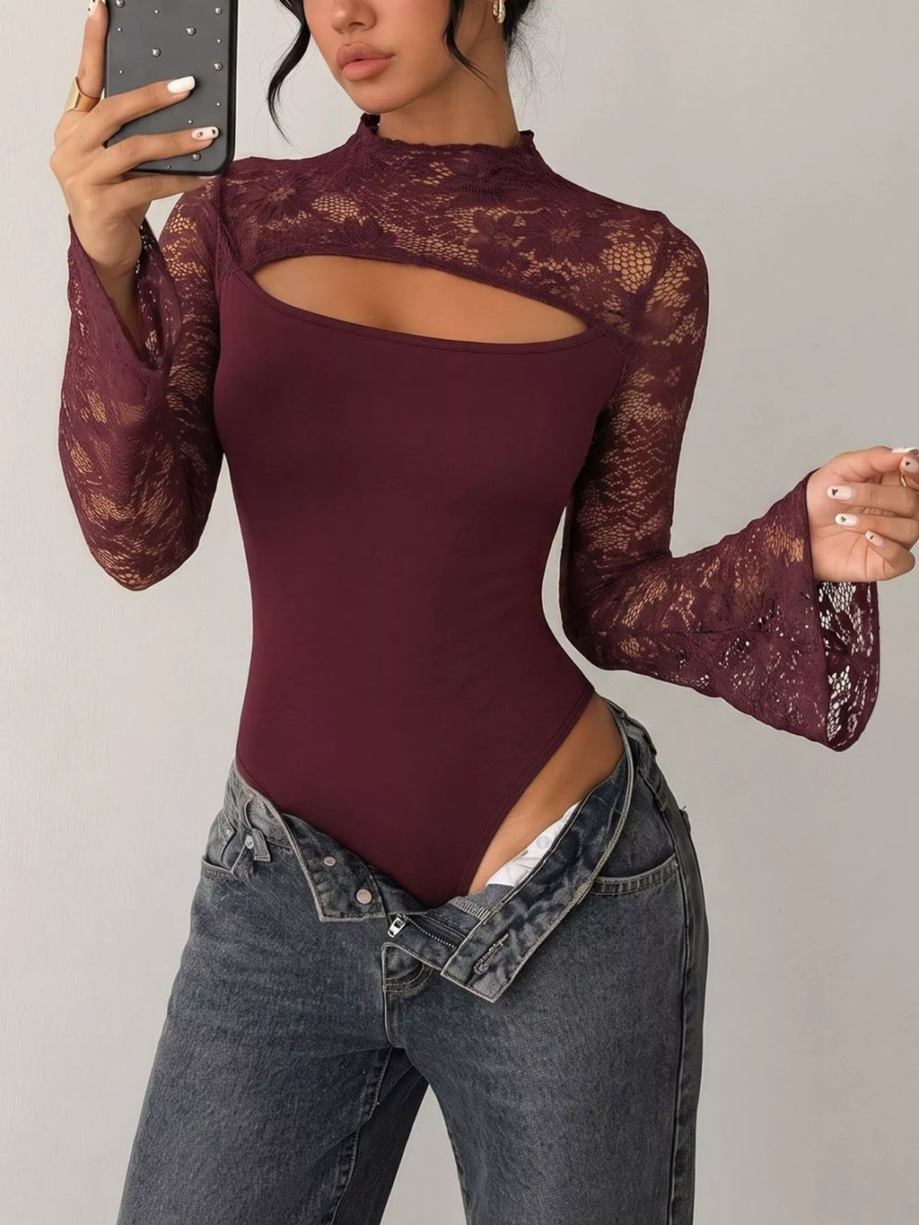 Lace Cut-out Flare Sleeve Bodysuit - Lilixa.store