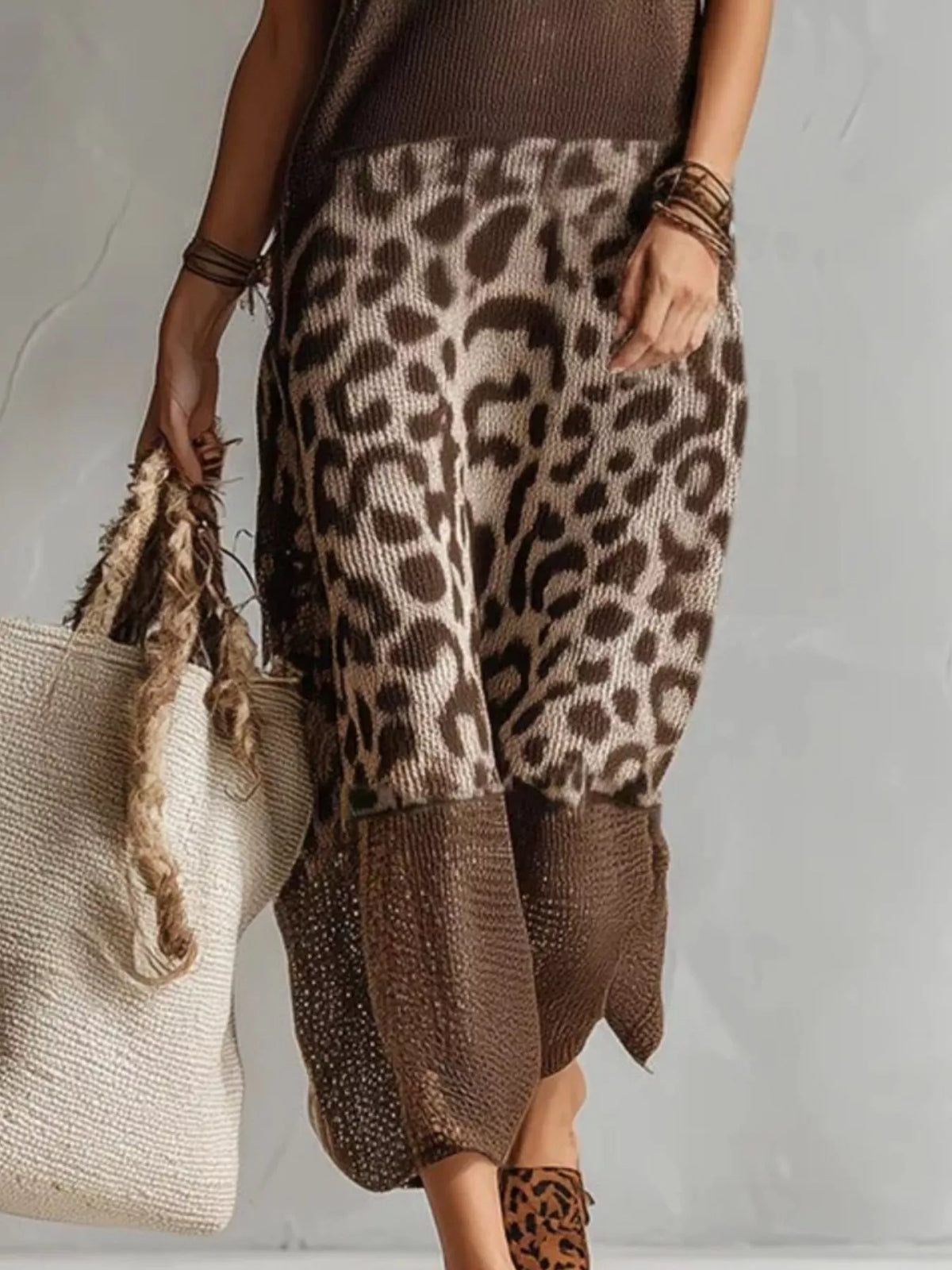 Full Size Sleeveless Color-Block Leopard Sweater Dress Plus Size - Lilixa.store