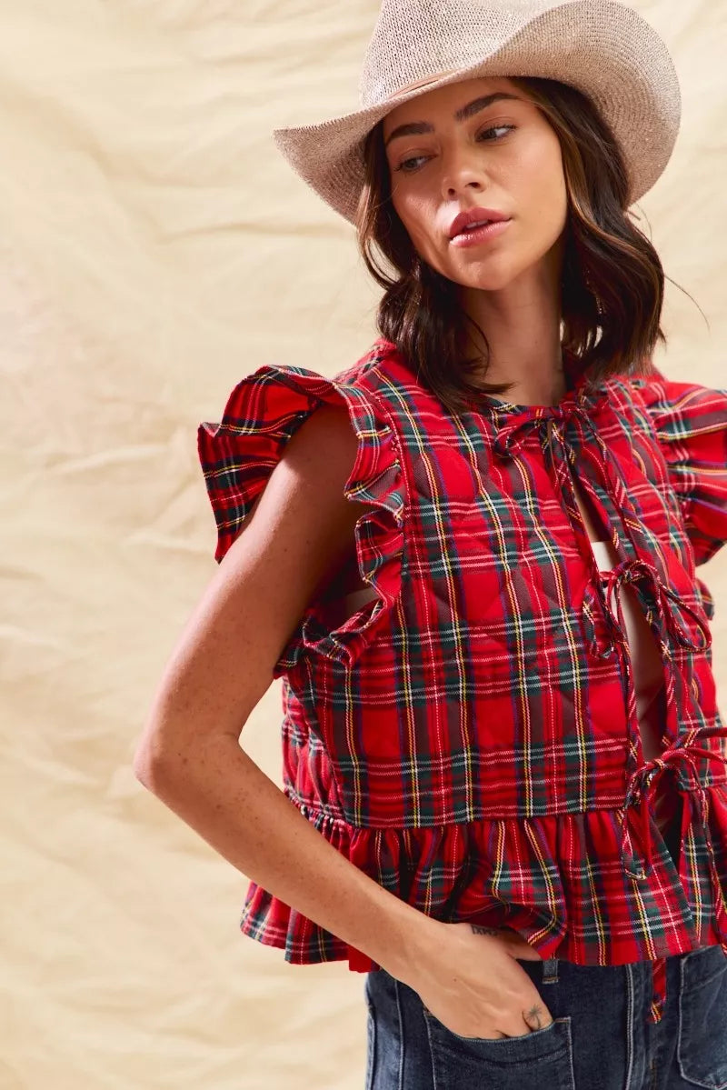 SO ME Christmas Holiday Plaid Ruffled Quilt Vest Top - Lilixa.store