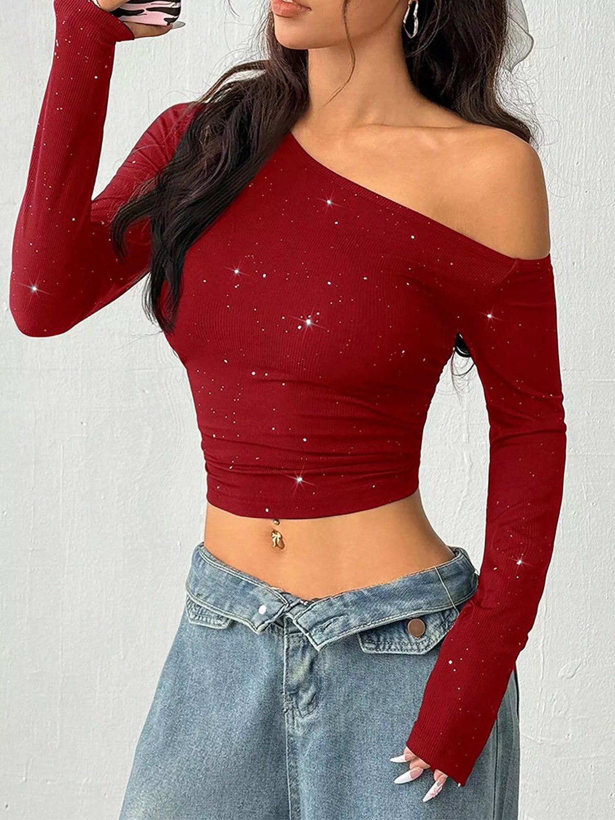 Glitter One-Shoulder Long Sleeve Crop T-Shirt in Rust
