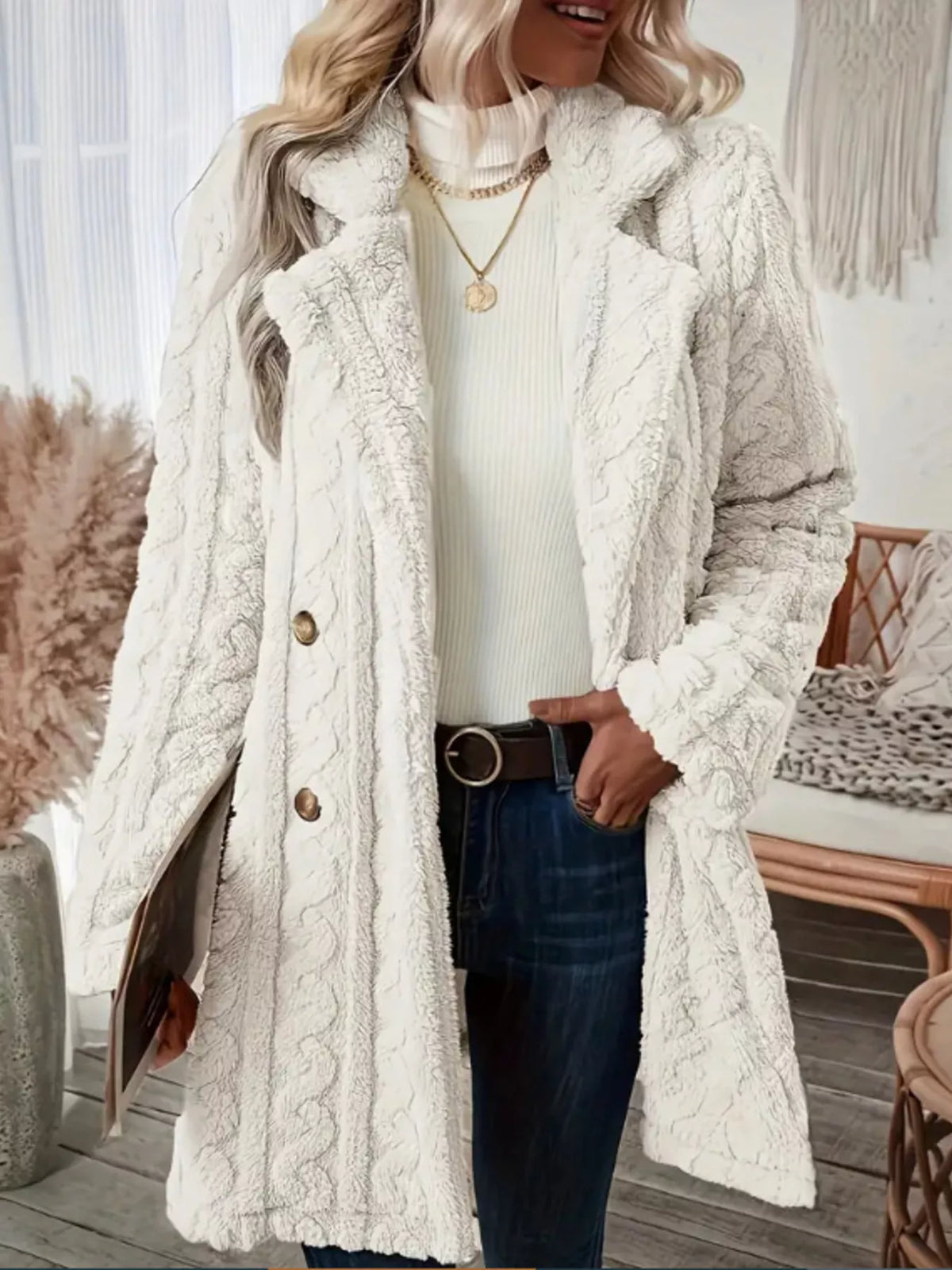 Cozy Faux Shearling Double-Breasted Outerwear, view 4