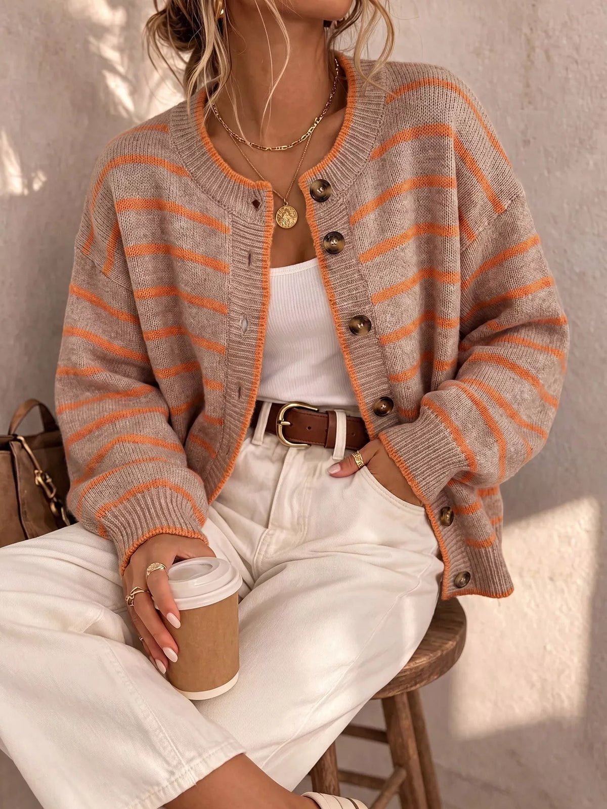 Striped Button-Down Knit Cardigan - Lilixa.store
