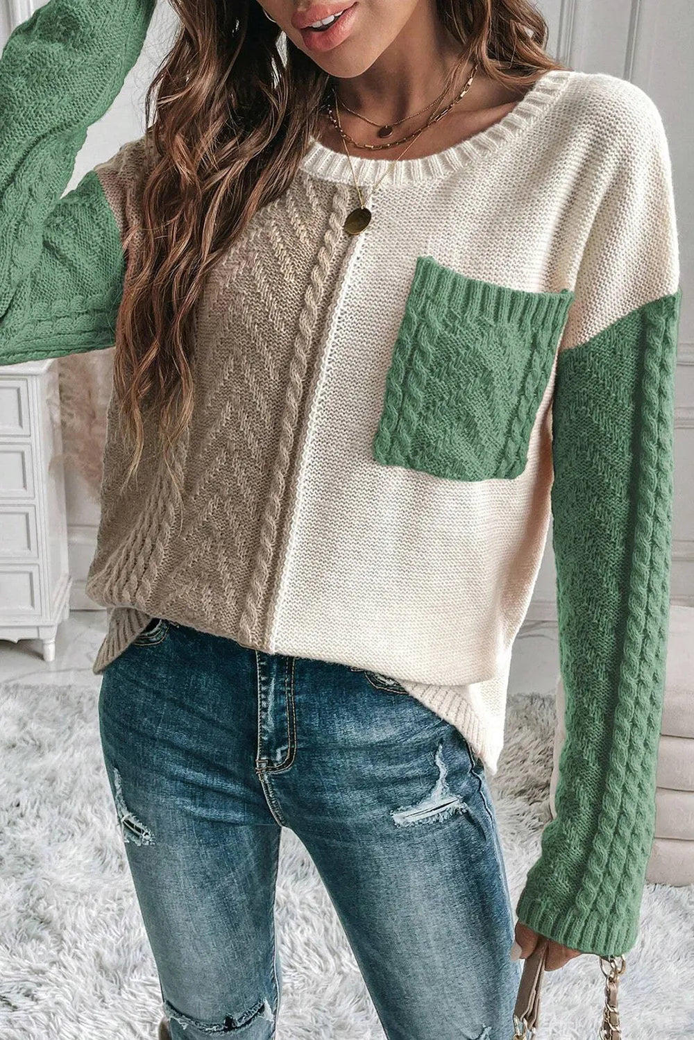 Double Take Full Size Color Block Drop Shoulder Sweater in Gum Leaf