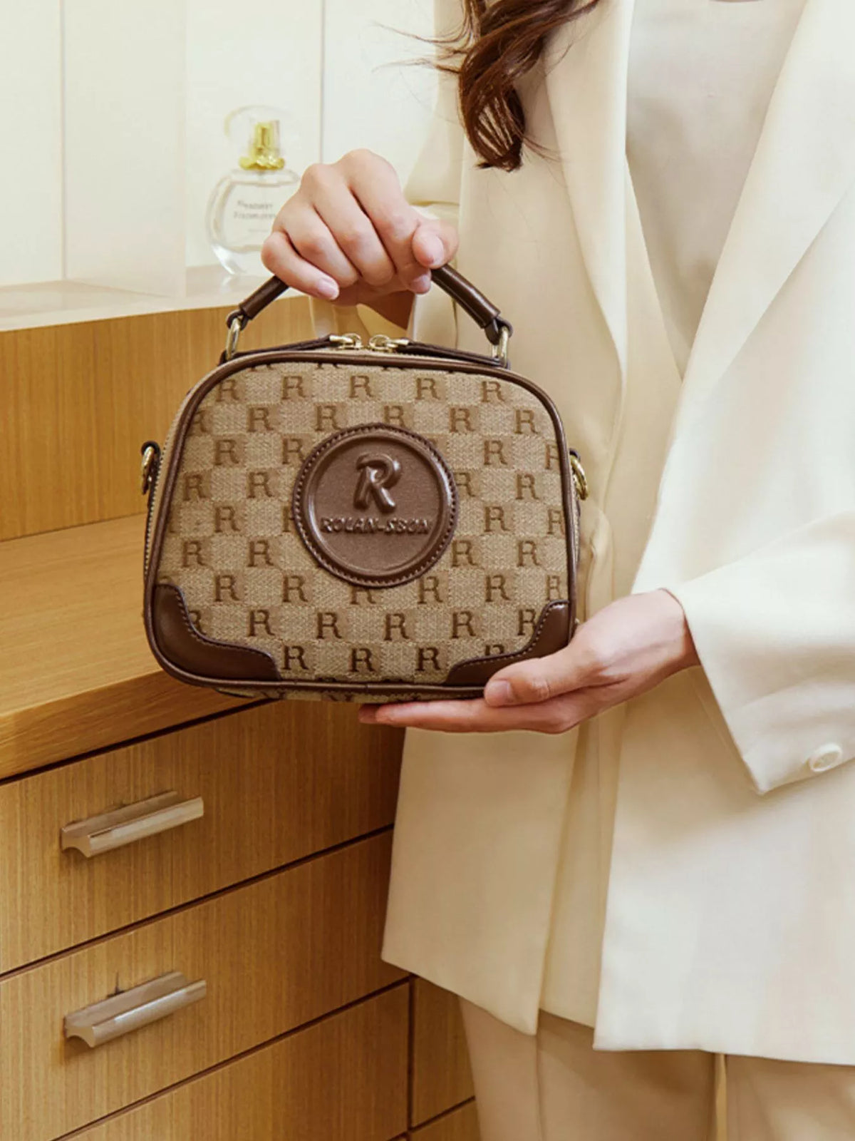 Monogram Pattern Crossbody Handbag with Top Handle in Camel, view 5