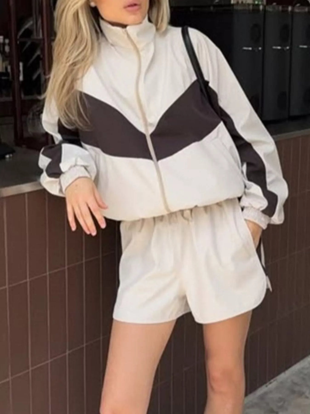 Color-Block Zip-Up Jacket and Shorts Set - Lilixa.store