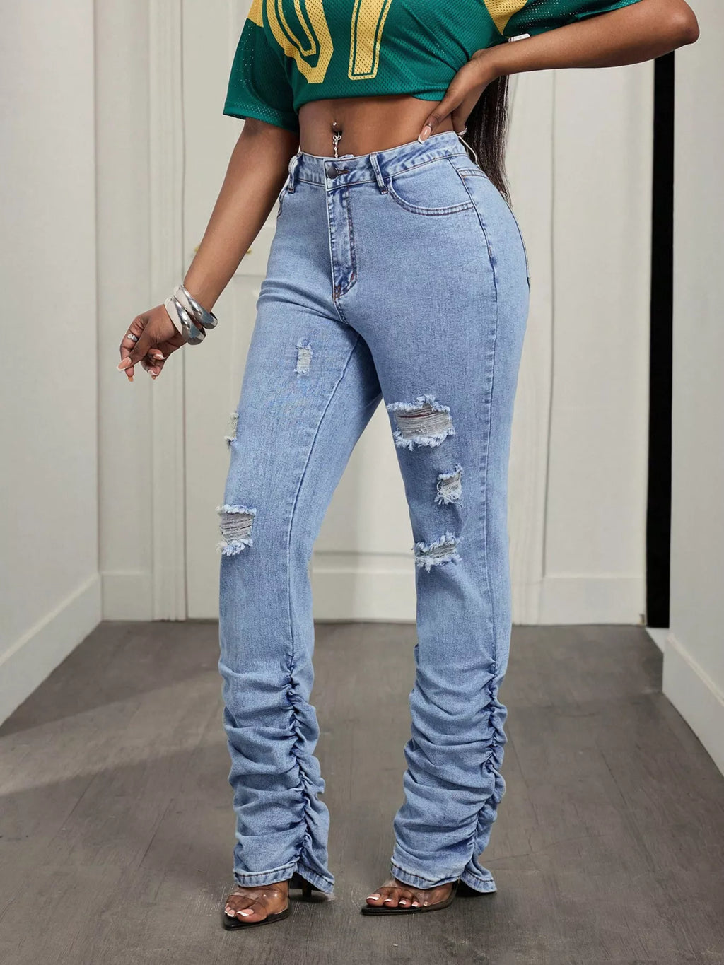 High-Waisted Distressed Stacked Hem Jeans - Lilixa.store