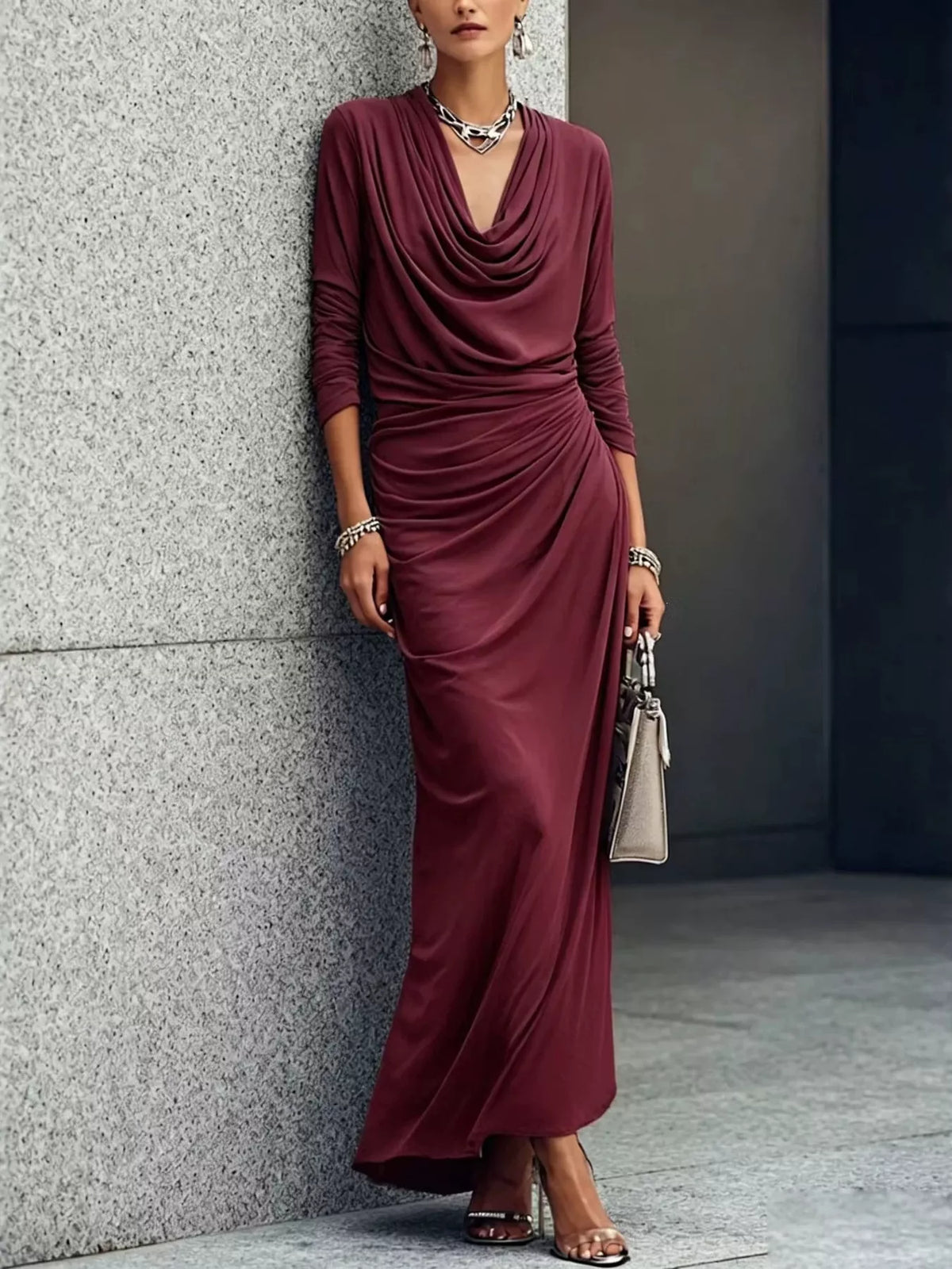 Cowl Neck Long Sleeve Maxi Dress - Lilixa.store