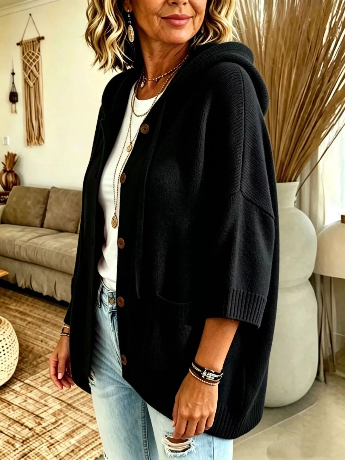 Full Size Hooded Button-Down Knit Cardigan Plus Size, view 3