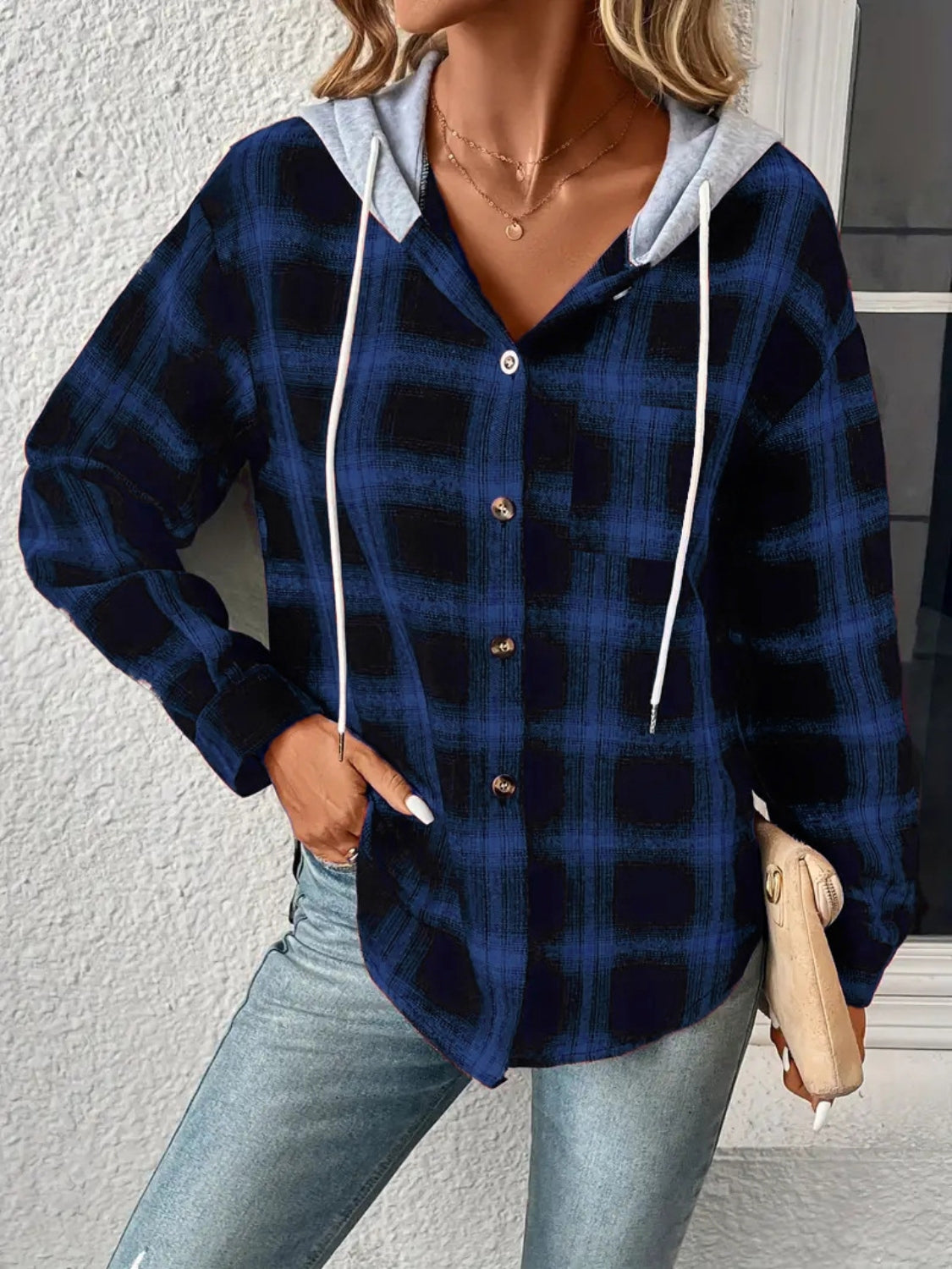 Plaid Drawstring Button Up Hooded Jacket, view 5