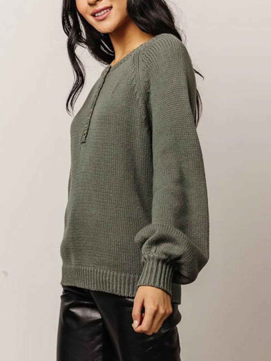 Buttoned Round Neck Long Sleeve Sweater in Army Green, view 3