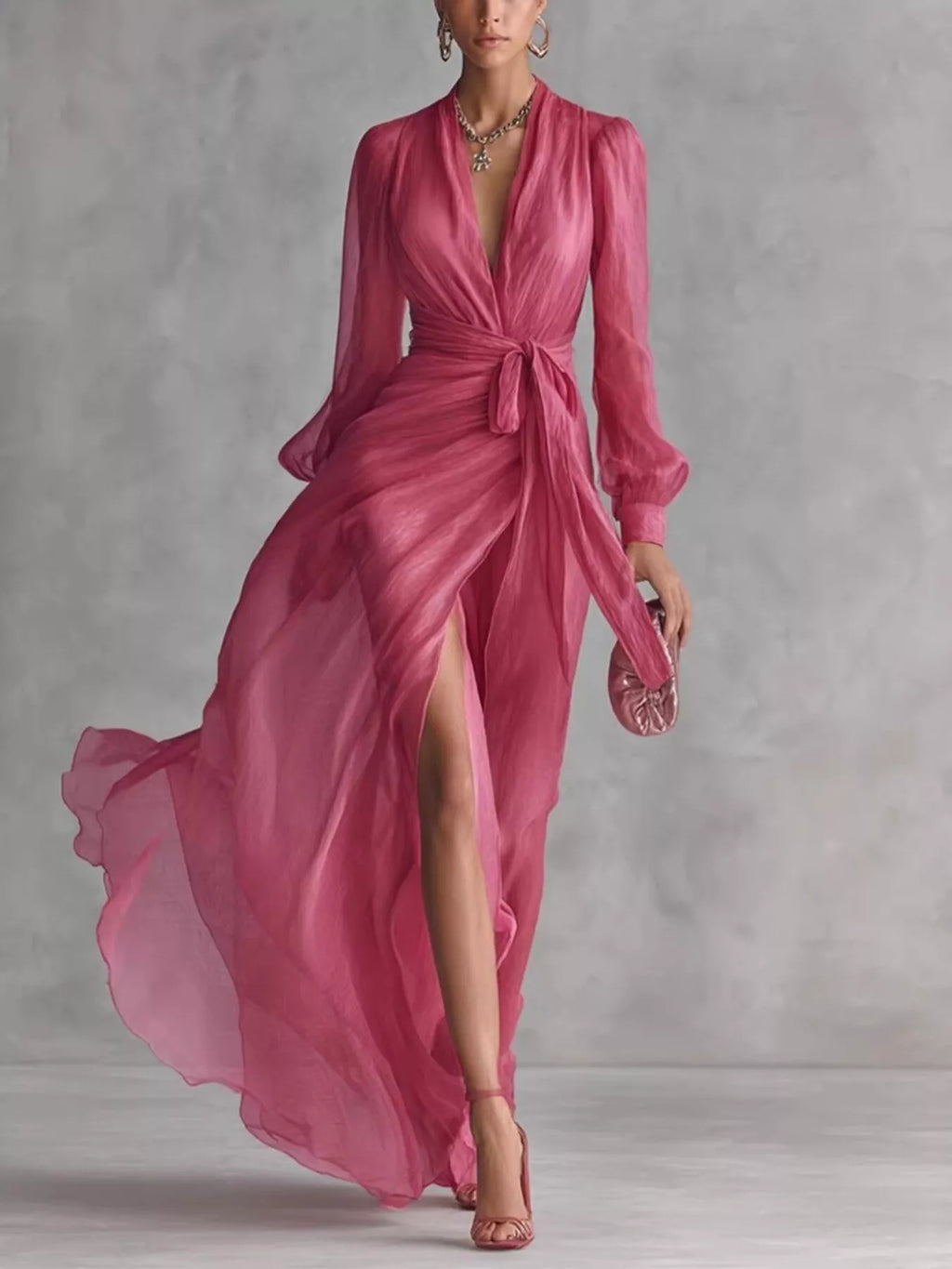 Long Sleeve Chiffon Wrap Maxi Dress with High Slit - Lilixa.store