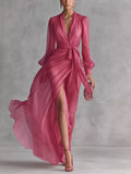 Long Sleeve Chiffon Wrap Maxi Dress with High Slit - Lilixa.store