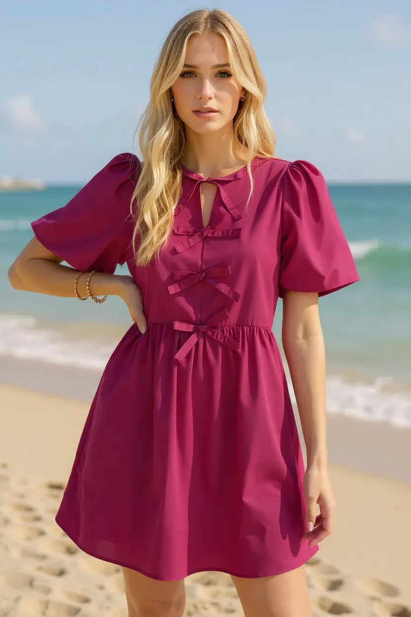 Oh Bow Ruched Puff Sleeve Mini Dress in Cerise, view 2