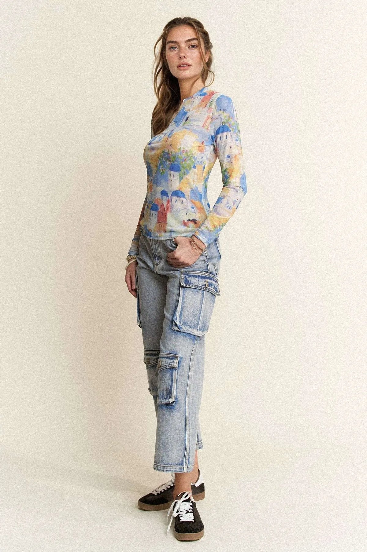 Davi & Dani Multi Printed Mesh Round Neck Long Sleeve Top - Lilixa.store