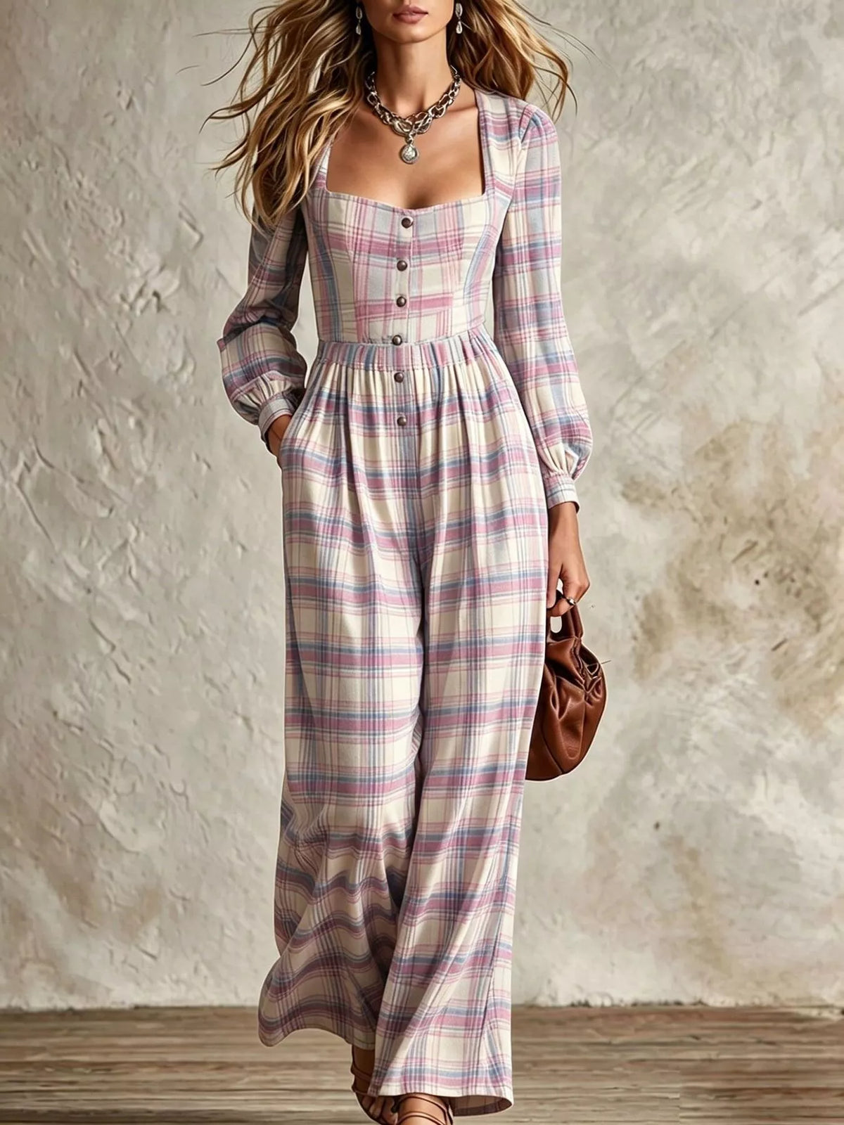 Plaid Square Neck Long Sleeve Wide Leg Jumpsuit - Lilixa.store