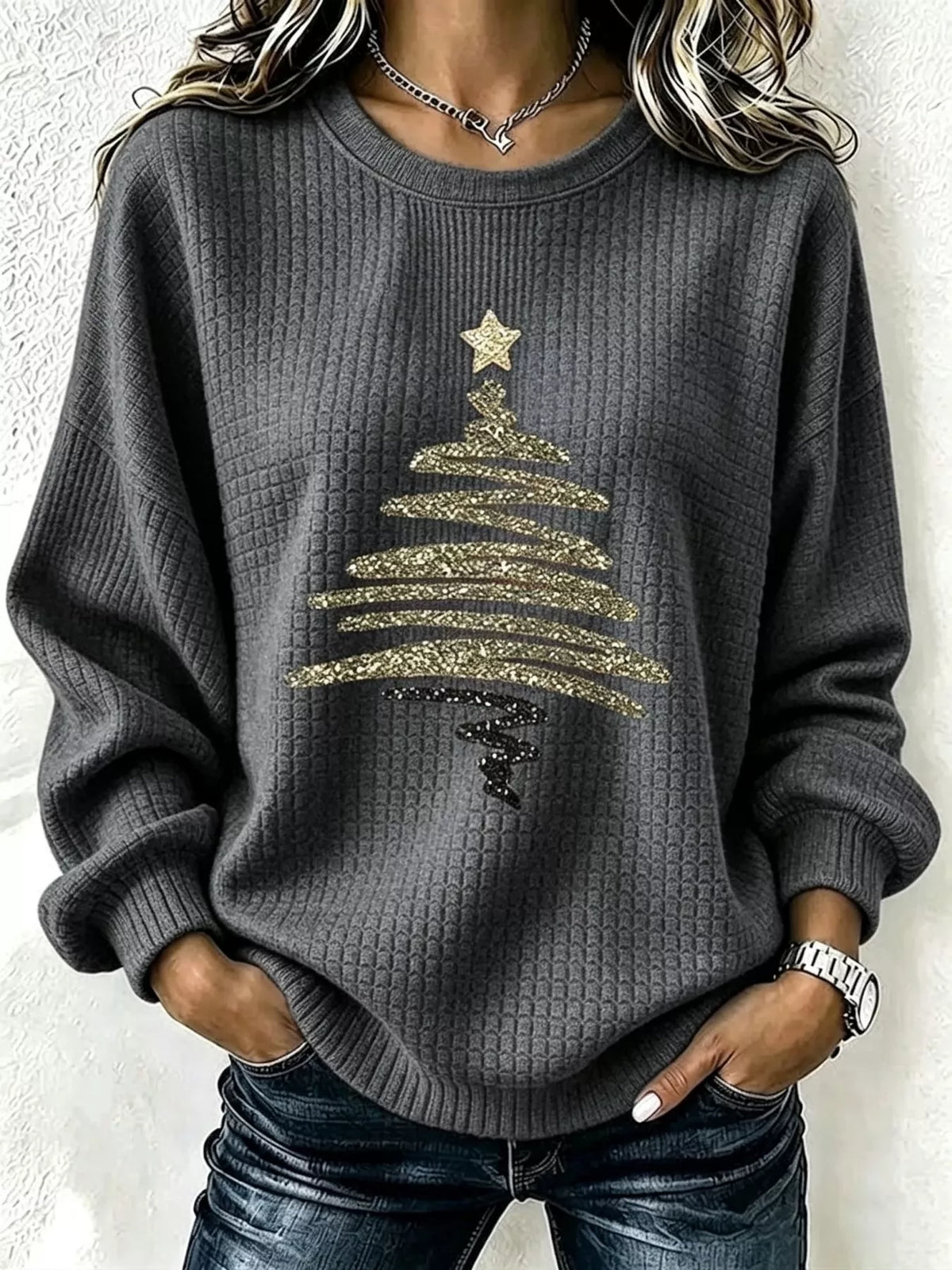 Full Size Festive Christmas Tree Graphic Ribbed Sweatshirt Plus Size, view 4