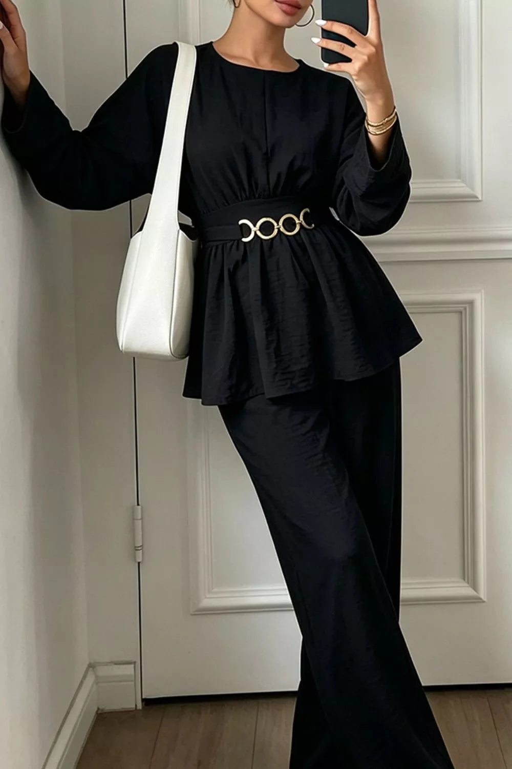 Metal Chain Waist Detail Top and Pants Set - Lilixa.store