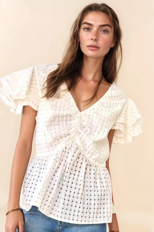 Davi & Dani Shirring V-Neck Ruffle Gingham Plaid Printed Top - Lilixa.store