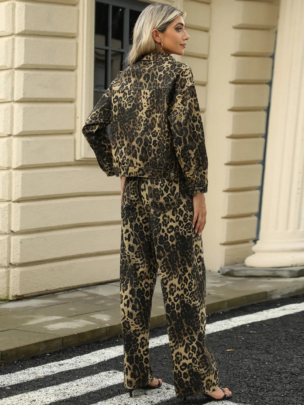 Pocketed Leopard Long Sleeve Denim Jacket, view 8