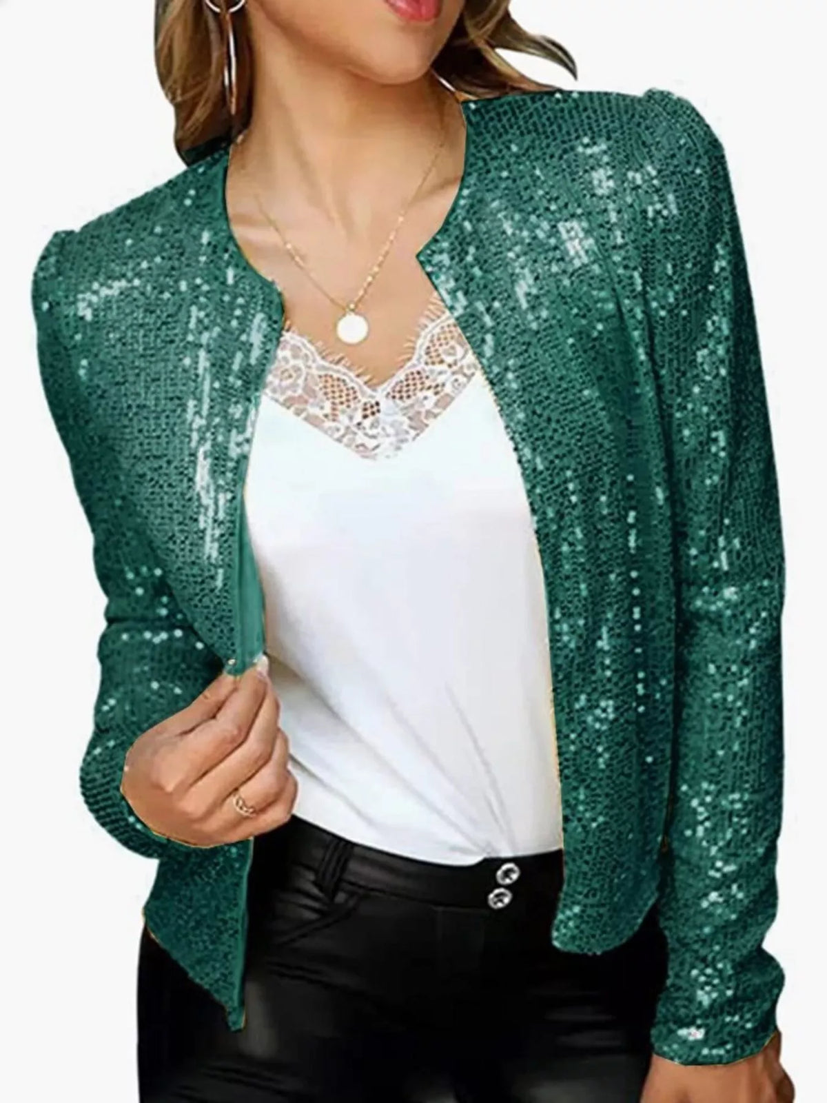 Full Size Sequin Long Sleeve Jacket Plus Size in Dark Green