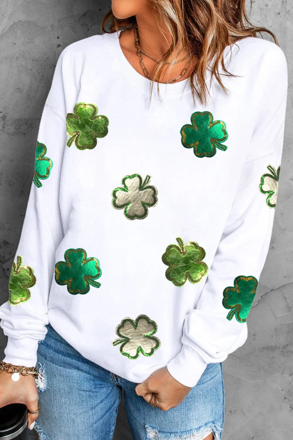 Lucky Clover Round Neck Long Sleeve Sweatshirt - Lilixa.store