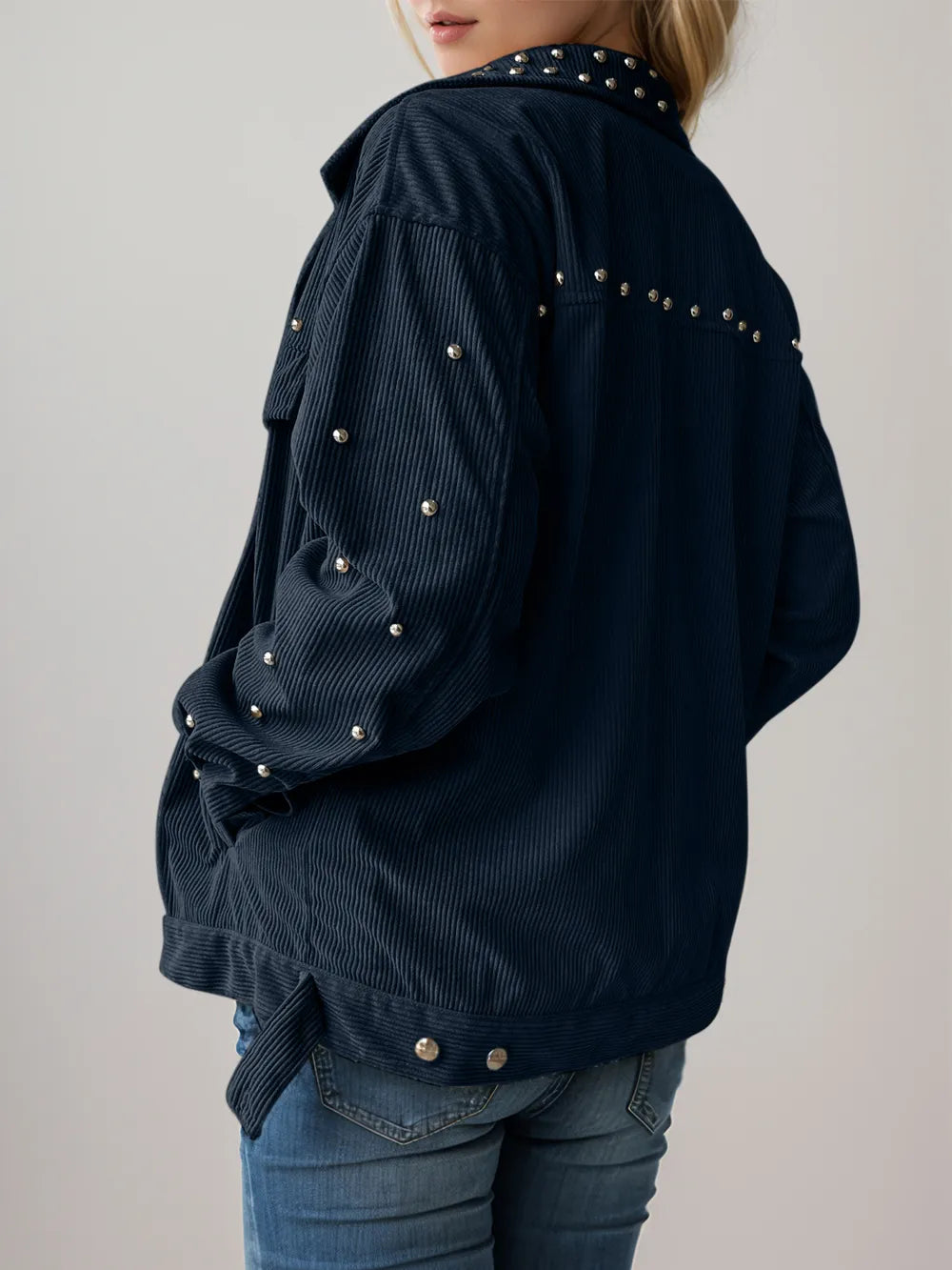 Studded Collared Neck Button Up Jacket - Lilixa.store
