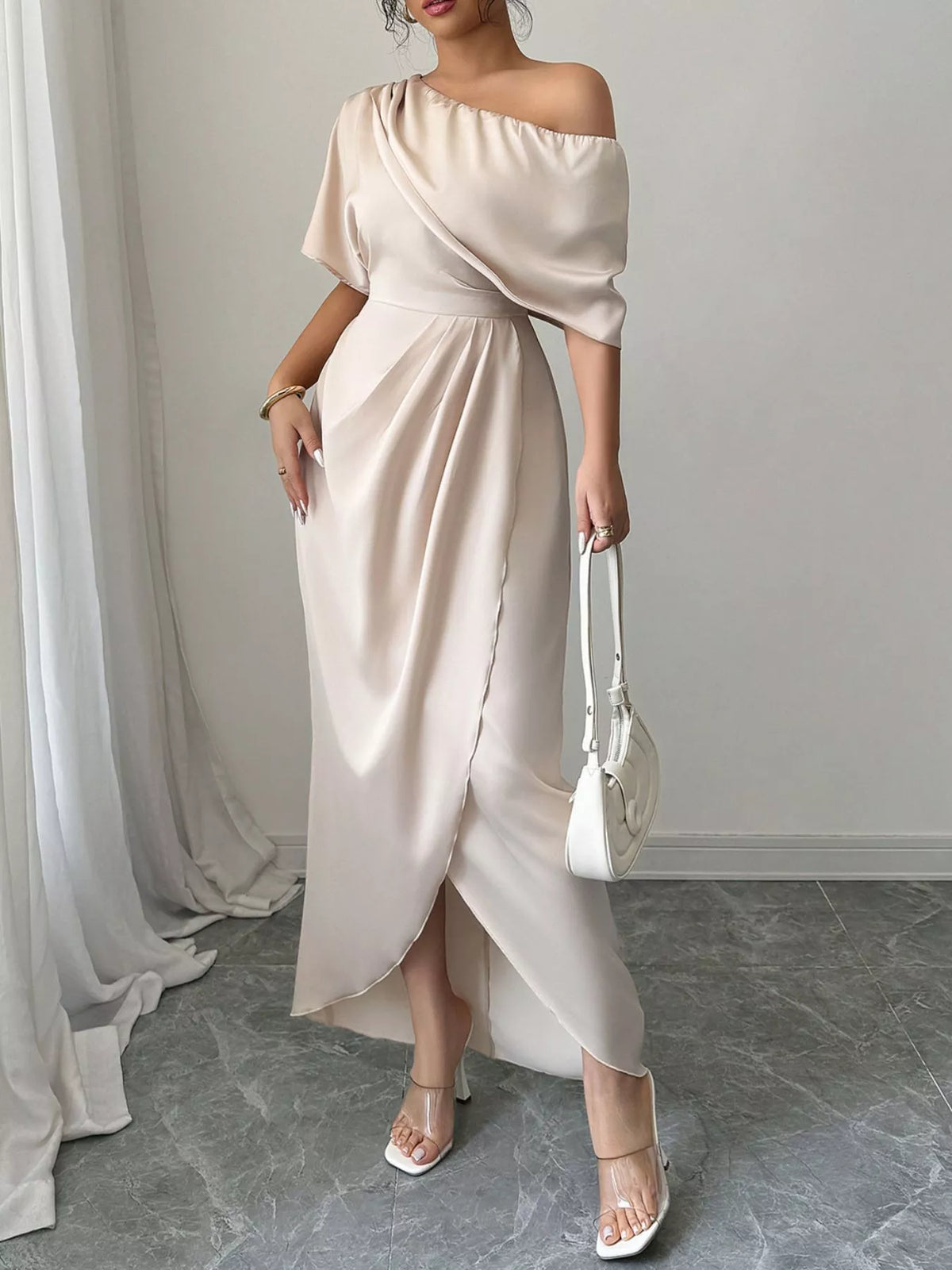One-Shoulder Satin Maxi Dress - Lilixa.store
